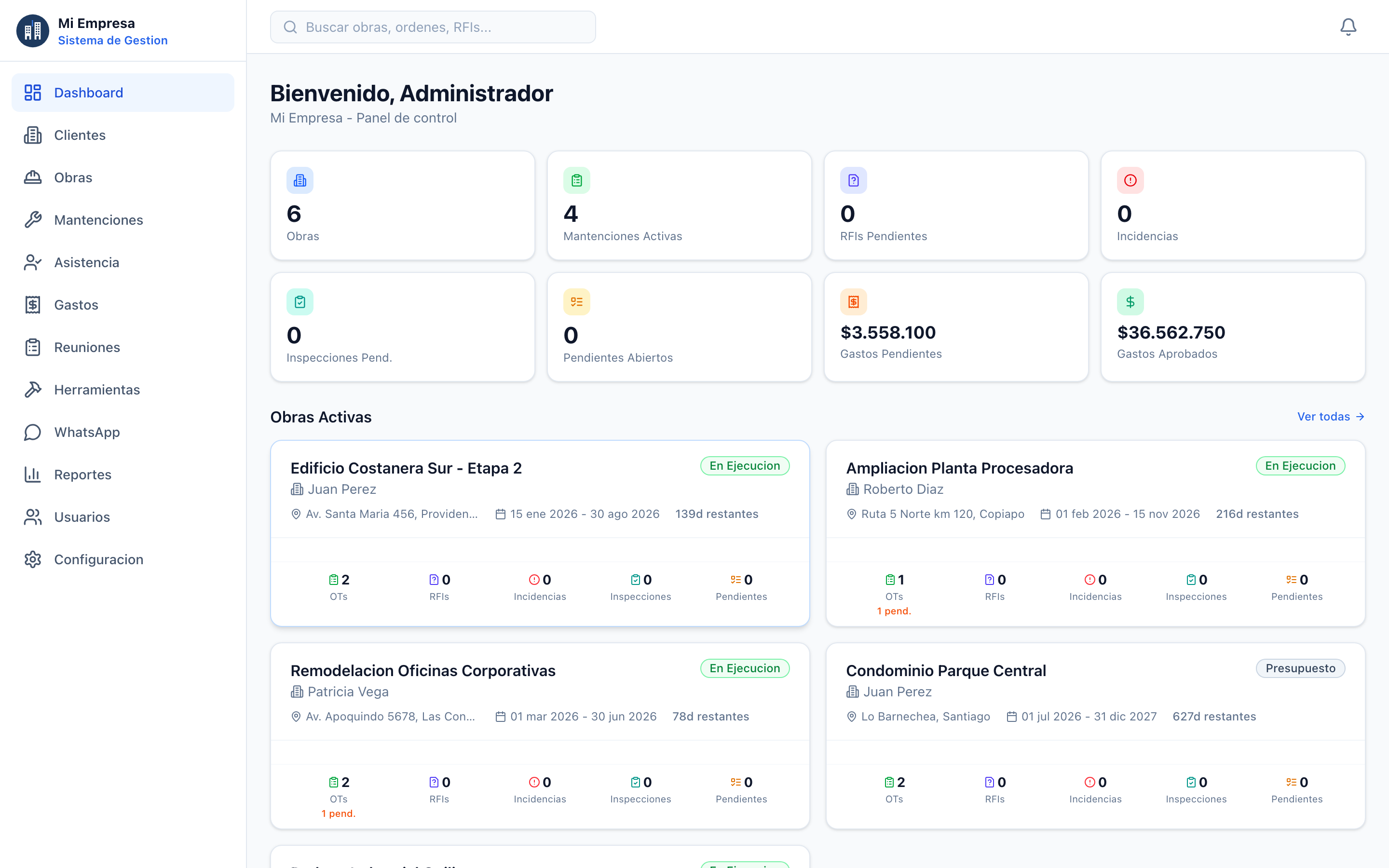 Dashboard de Control Obrax - Panel de control con obras activas, gastos y KPIs