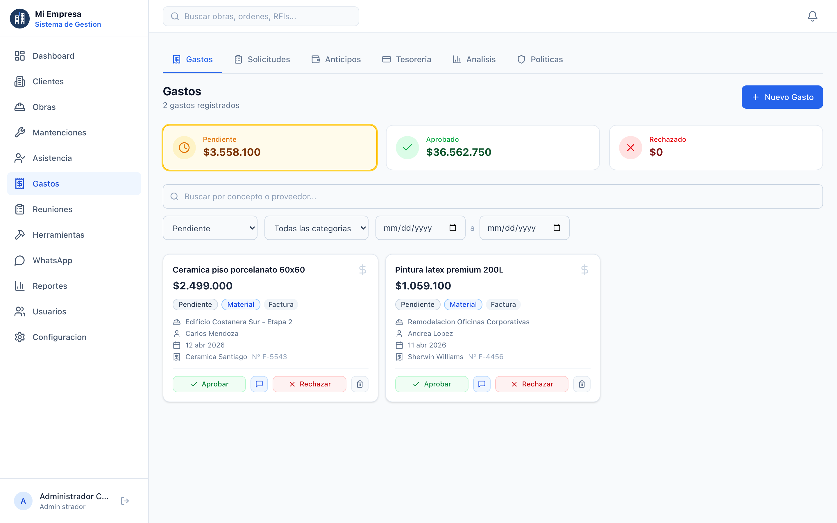 Gestion de gastos con aprobaciones, categorias y documentos