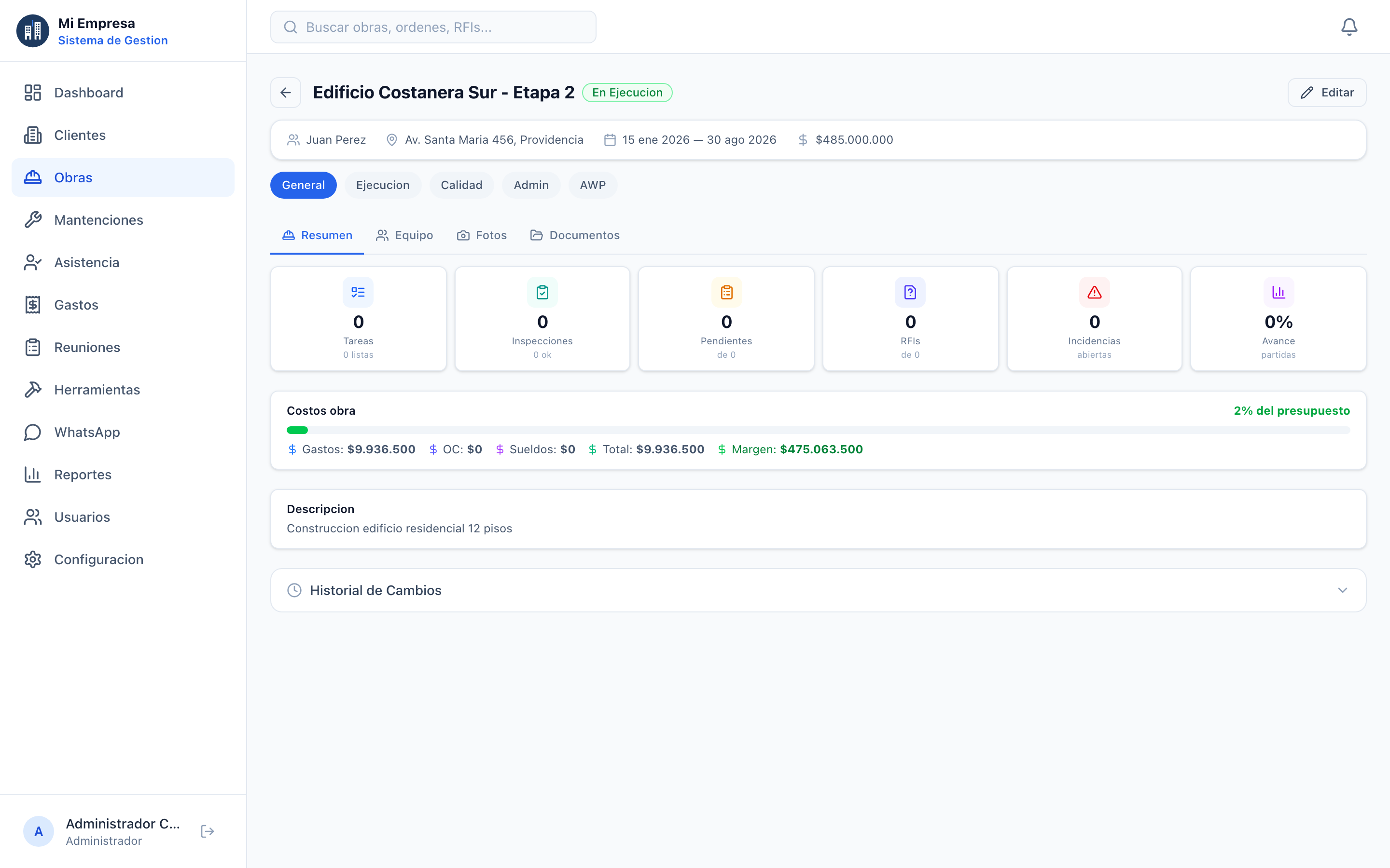Detalle de obra con costos, tareas, inspecciones y avance