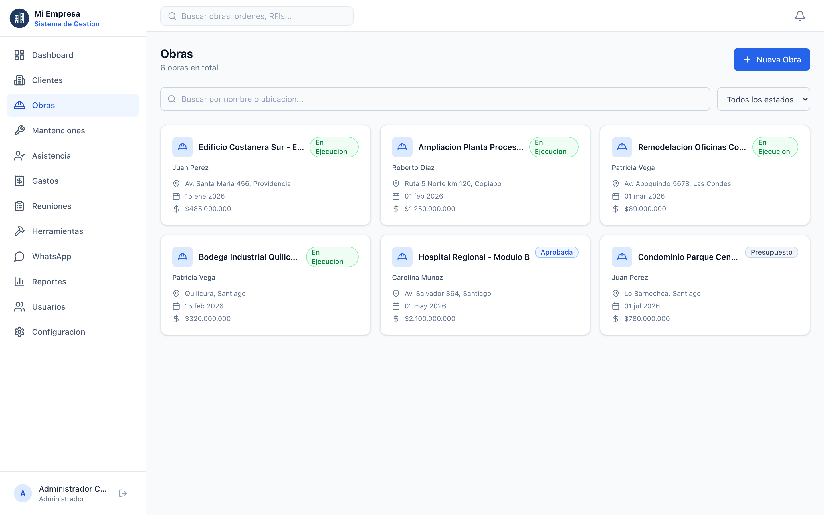 Lista de obras con estados, presupuestos y clientes asignados
